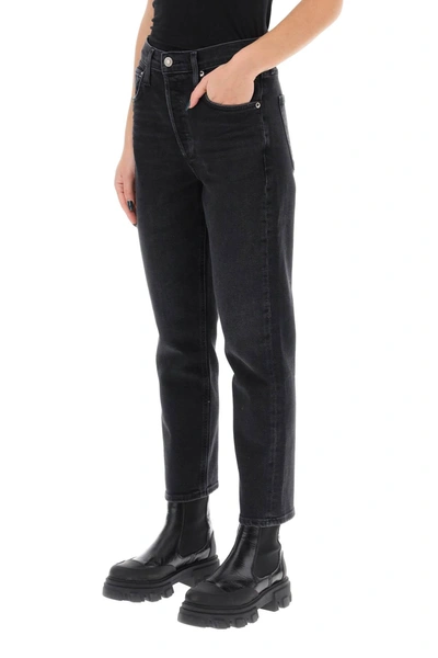 Shop Agolde Riley High Waisted Cropped Jeans In Black