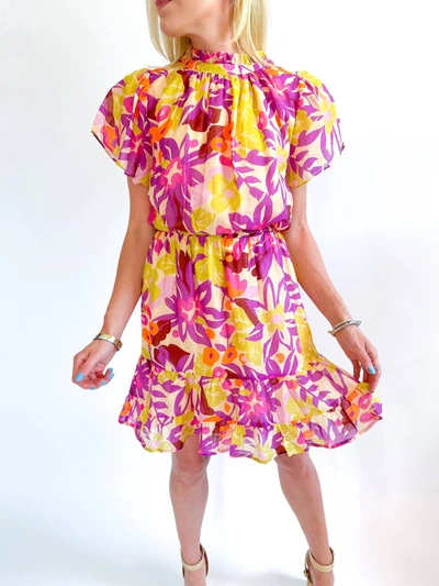 Shop Thml Flutter Sleeve Floral Dress In Purple/yellow Multi