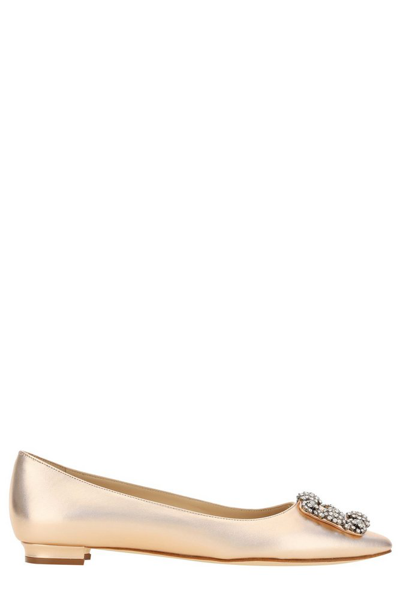 Shop Manolo Blahnik Hangisi Buckle Embellished Flat Pumps In Beige