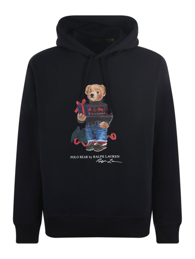 Shop Polo Ralph Lauren Bear Printed Drawstring Hoodie In Black