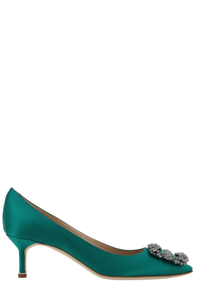 Shop Manolo Blahnik Hangisi Buckle Embellished Pumps In Green