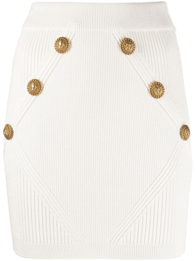Shop Balmain Gold Embossed Buttons Knitted Mini Skirt In White