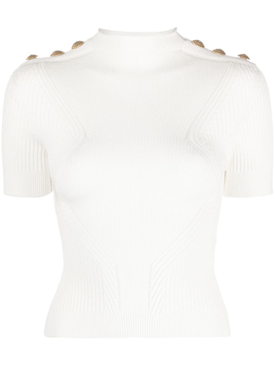 Shop Balmain Gold Embossed Buttons Knitted Top In White