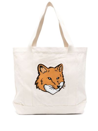Shop Maison Kitsuné Fox Head Cotton Tote Bag In Beige