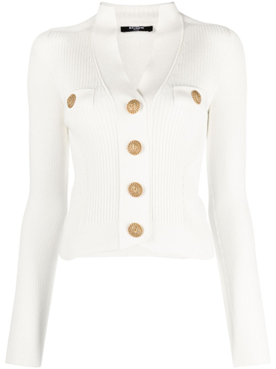 Shop Balmain Gold Embossed Buttons Knitted Cardigan In White