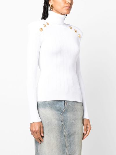 Shop Balmain Gold Embossed Buttons Sweater In White