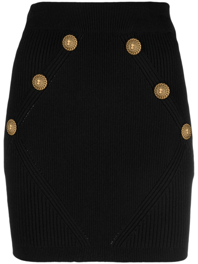 Shop Balmain Gold Embossed Buttons Knitted Mini Skirt In Black