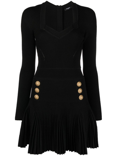 Shop Balmain Knitted Flared Short Dress In Black