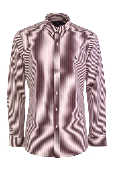 Shop Polo Ralph Lauren Slim-fit Striped Stretch Poplin Shirt In Wine/white