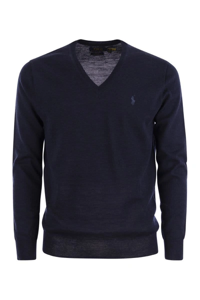 Shop Polo Ralph Lauren Washable Wool V-knit In Navy