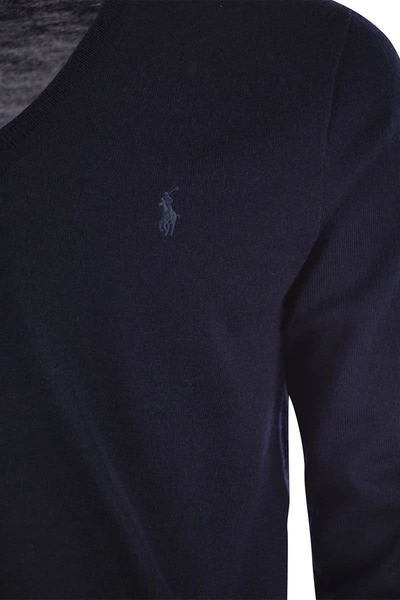 Shop Polo Ralph Lauren Washable Wool V-knit In Navy
