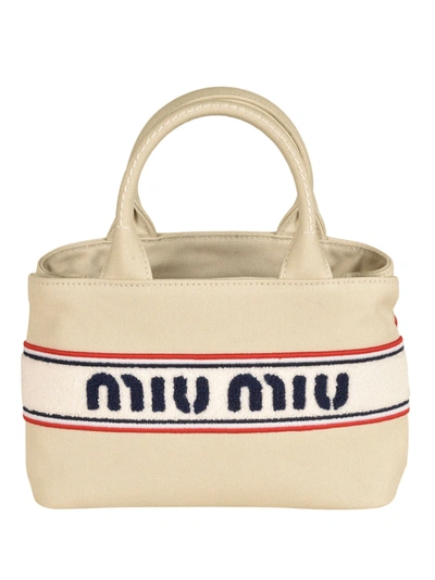 Shop Miu Miu Stripe Logo Detail Top Handle Handbag In Gesso