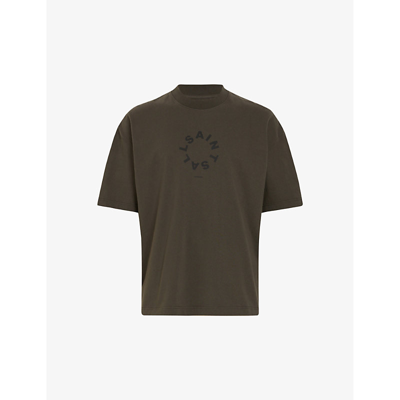 Shop Allsaints Mens Tea Leaf Green Tierra Brand-print Organic Cotton-jersey T-shirt