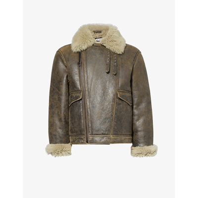 Shop Acne Studios Mens Brown/beige Contrast-lapel Distressed Boxy-fit Shearling Jacket