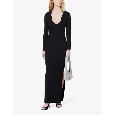 Shop Aya Muse Women's Black V-neck Crystal-embellished Woven-blend Midi Dress