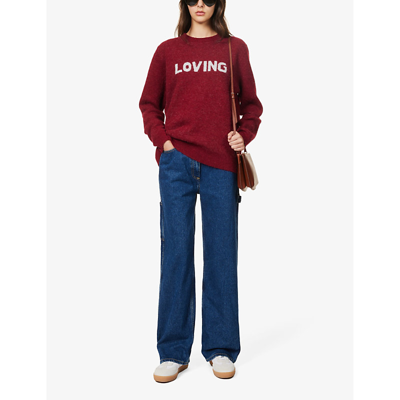 Shop Bella Freud Loving Text-pattern Wool-blend Knitted Jumper In Burgundy & Light Blue