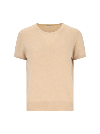 Malo Knit Crewneck With Ribbed Hem And Short Sleeves In Beige