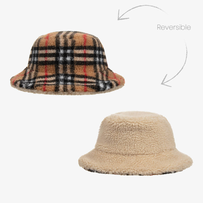 Shop Burberry Beige Check Reversible Fleece Bucket Hat
