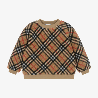 Shop Burberry Girls Beige Check Fleece Sweatshirt