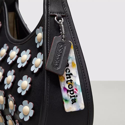 Shop Coach Ergo Bag In Topia Leather With Flower Appliqué In Black/ice Blue Multi