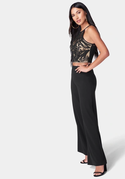 Shop Bebe Embroidered Lace Trim Knit Crepe Palazzo Jumpsuit In Black