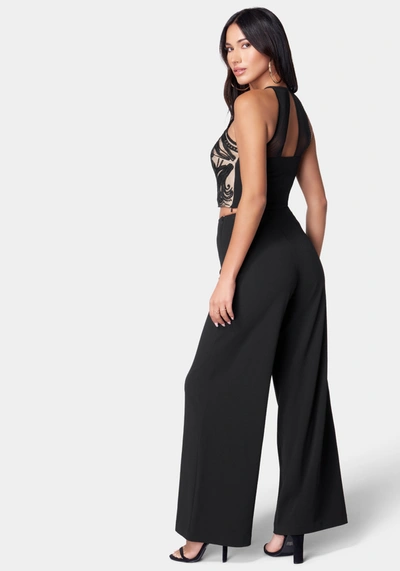 Shop Bebe Embroidered Lace Trim Knit Crepe Palazzo Jumpsuit In Black