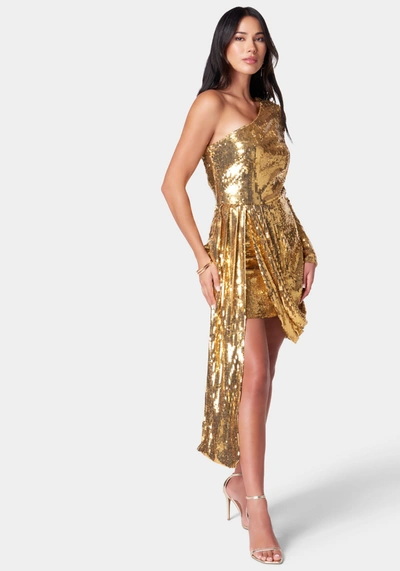 Bebe One Shoulder Sequin Sash Dress In Gold