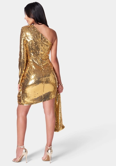 Bebe One Shoulder Sequin Sash Dress In Gold