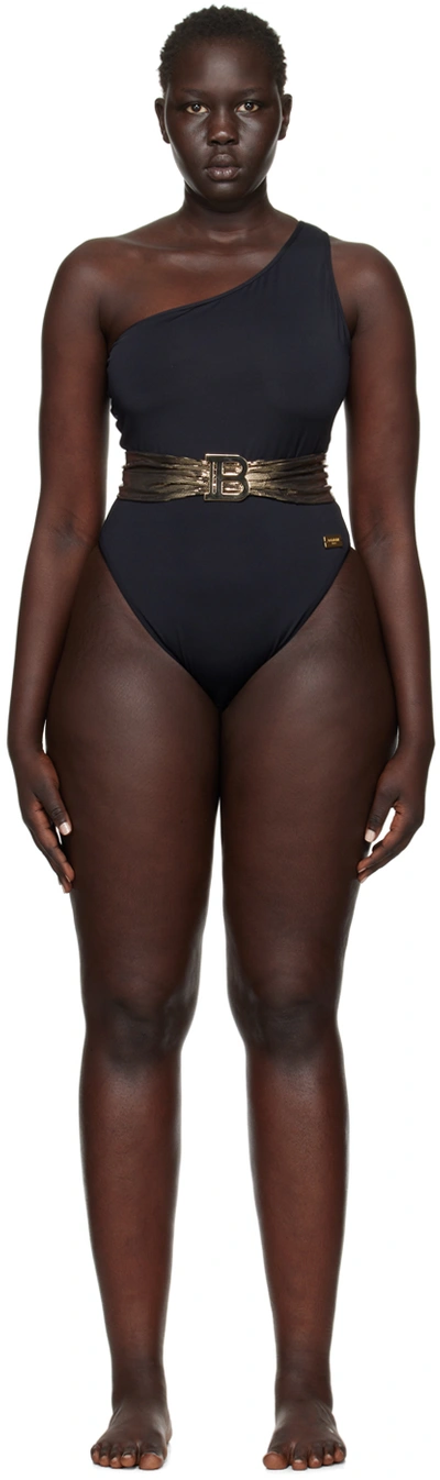 Shop Balmain Black Single-shoulder Swimsuit In 001 Black