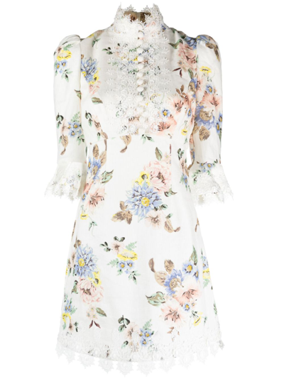 Shop Zimmermann Floral-print Mini Dress - Women's - Linen/flax/cotton In White