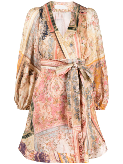 Shop Zimmermann Multicolour August Wrap Mini Dress - Women's - Linen/flax/cotton In Pink