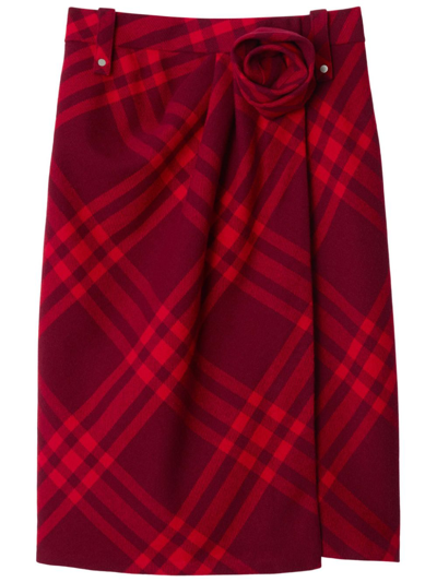 Shop Burberry Red Check Wool Skirt