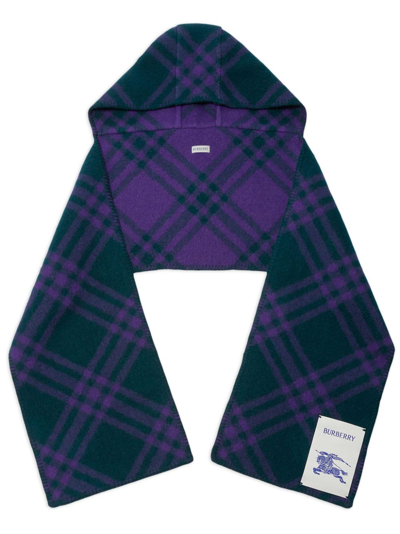Shop Burberry Green Check-jacquard Wool Hooded Scarf In Purple