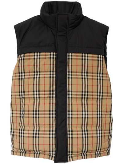 Shop Burberry Check Panel Reversible Gilet - Men's - Goose Down/polyester/goose Feather In Black