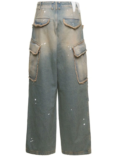 Shop Darkpark Vivi' Light Blue Cargo Jeans With Bleached Effect And Paint Stains In Cotton Denim