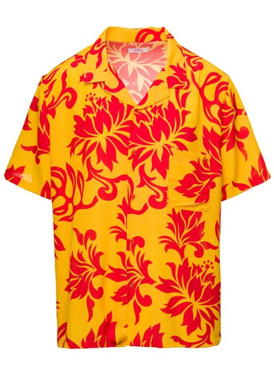 Shop Erl Orange Bowling Shirt With Tropical Flowers Print In Viscose In Gold