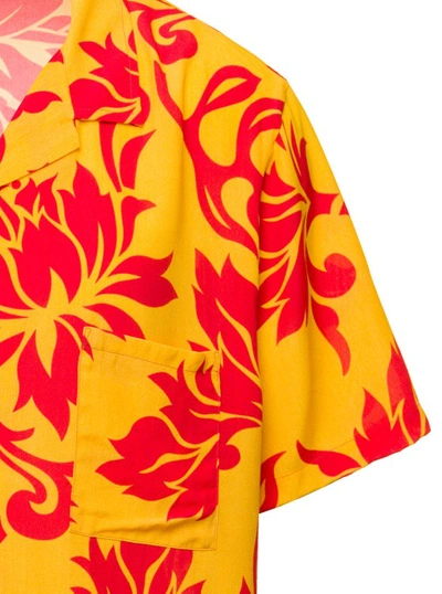 Shop Erl Orange Bowling Shirt With Tropical Flowers Print In Viscose In Gold