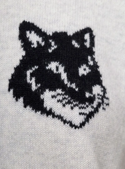 Shop Maison Kitsuné Grey Crewneck Sweatshirt With Intarsia Fox Head In Wool