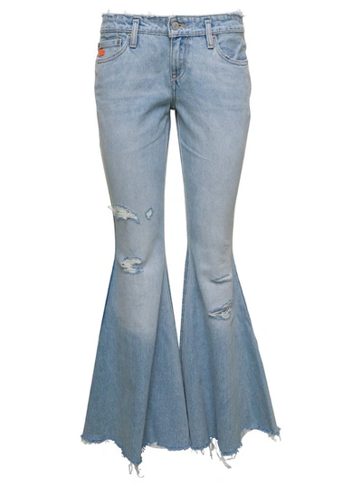 Shop Erl Light Blue Low Waisted Jeans With Rips In Cotton Denim
