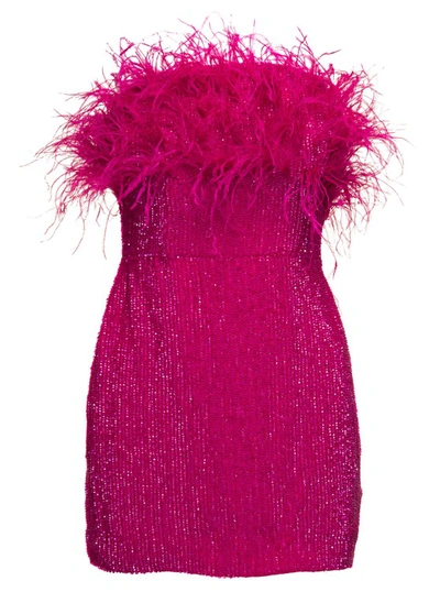 Shop Retroféte Pink Sequin Emebllished Mini-dress With Feathers In Viscose