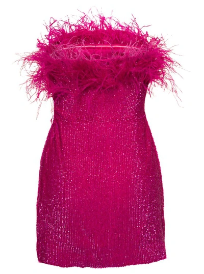 Shop Retroféte Pink Sequin Emebllished Mini-dress With Feathers In Viscose