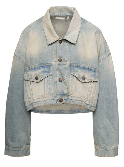 Shop Darkpark Gigi' Light Blue Cropped Jacket With Bleach Effect In Cotton Denim