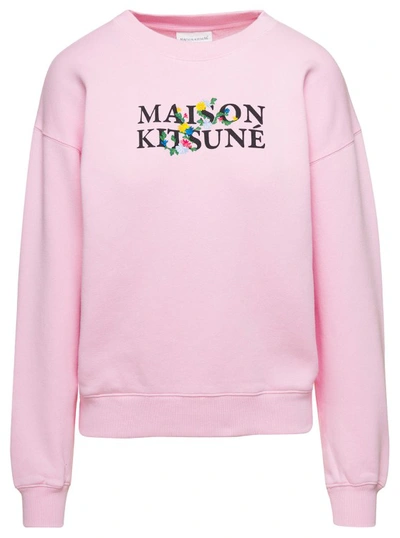 Shop Maison Kitsuné Pink Crewneck Sweatshirt With Front Logo Print In Cotton