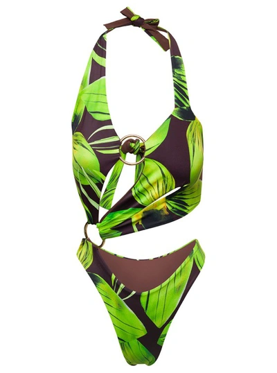 Shop Louisa Ballou Green Halterneck Swimsuit With Leaves Print And Cut Out In Polyester