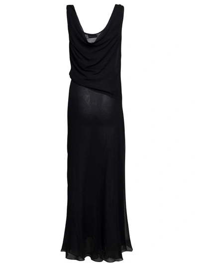 Shop Christopher Esber Long Black Relaxed Dress With Draped Neckline In Silk