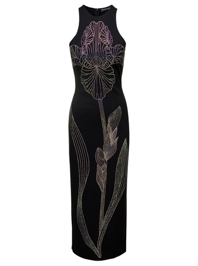 Shop David Koma Black Long Dress With Iridiscent Flower And Back Slit In Viscose Blend