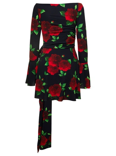 Shop Magda Butrym Black Flared Mini-dress With Floral Print All-over In Viscose