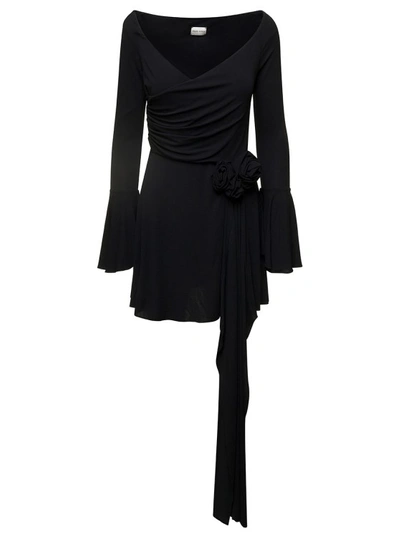 Shop Magda Butrym Black Fluted Mini Dress With Rose-appliquè In Viscose