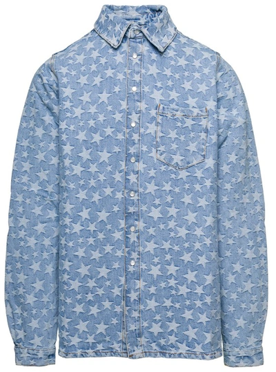 Shop Erl Light Blue Long Sleeve Shirt With All-over Star Print In Cotton Denim