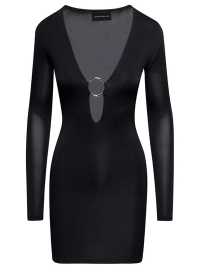 Shop Louisa Ballou Black Helios Plunge Minidress With V Neck And Golden Ring Long Sleeves In Viscose